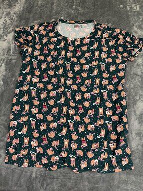 Jockey Womens Christmas Sloth Print Pajama Top 2X Green & Multicolor